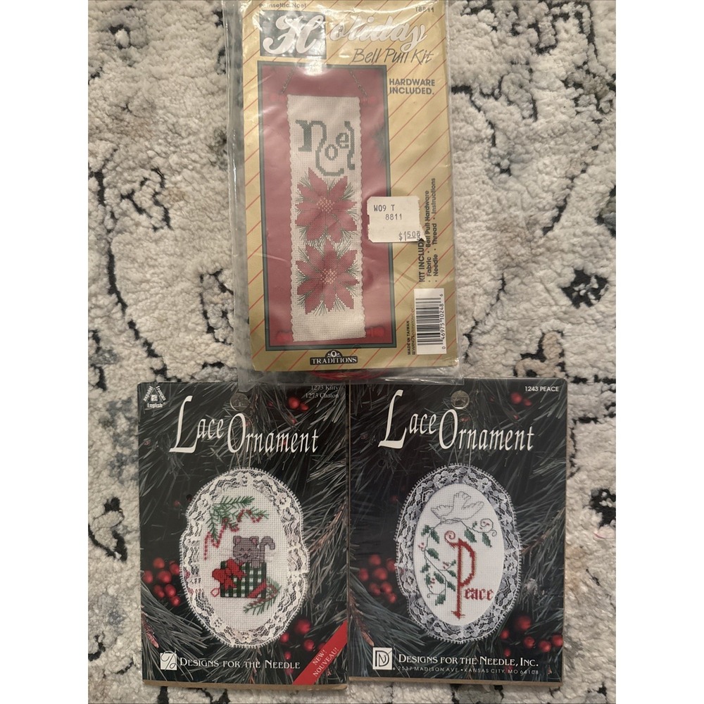 Cross-Stitch Kit Christmas Lace Ornaments & Bell Pull Cat Dove NEW Lot of 3